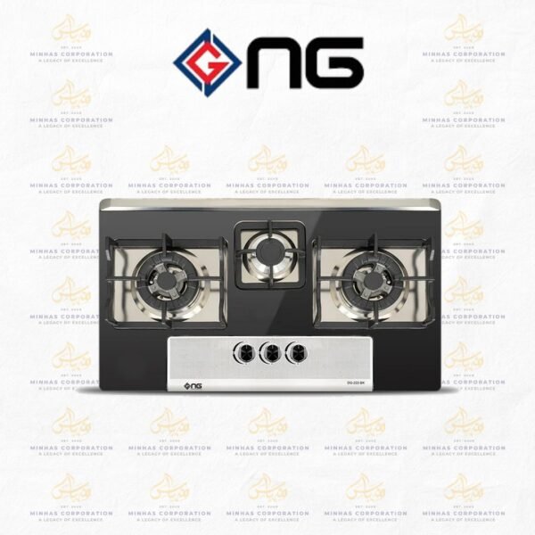 NasGas DG-222 BK Built-in Hob – 3 Burner Black & Silver Gas Stove with Laser Cut Supports