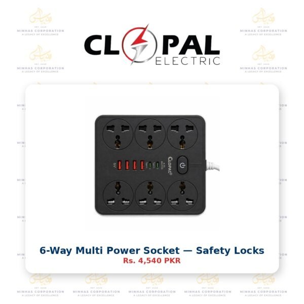 Clopal 6 Ways Multi Power Sockets with Safty Locks with 2 Type-C & 4 USB Ports Extension