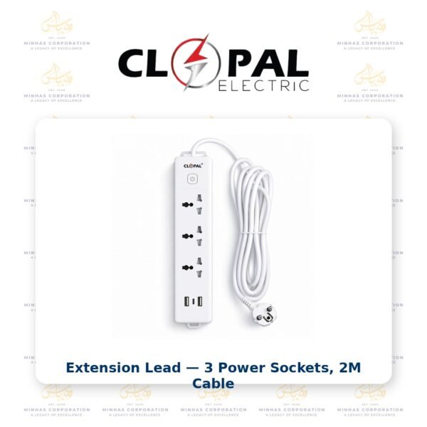 Extension Lead with 2 Meters Heavy Duty Copper Cable, 3 Power Sockets Extension Board with 2 USB & 1 Type C